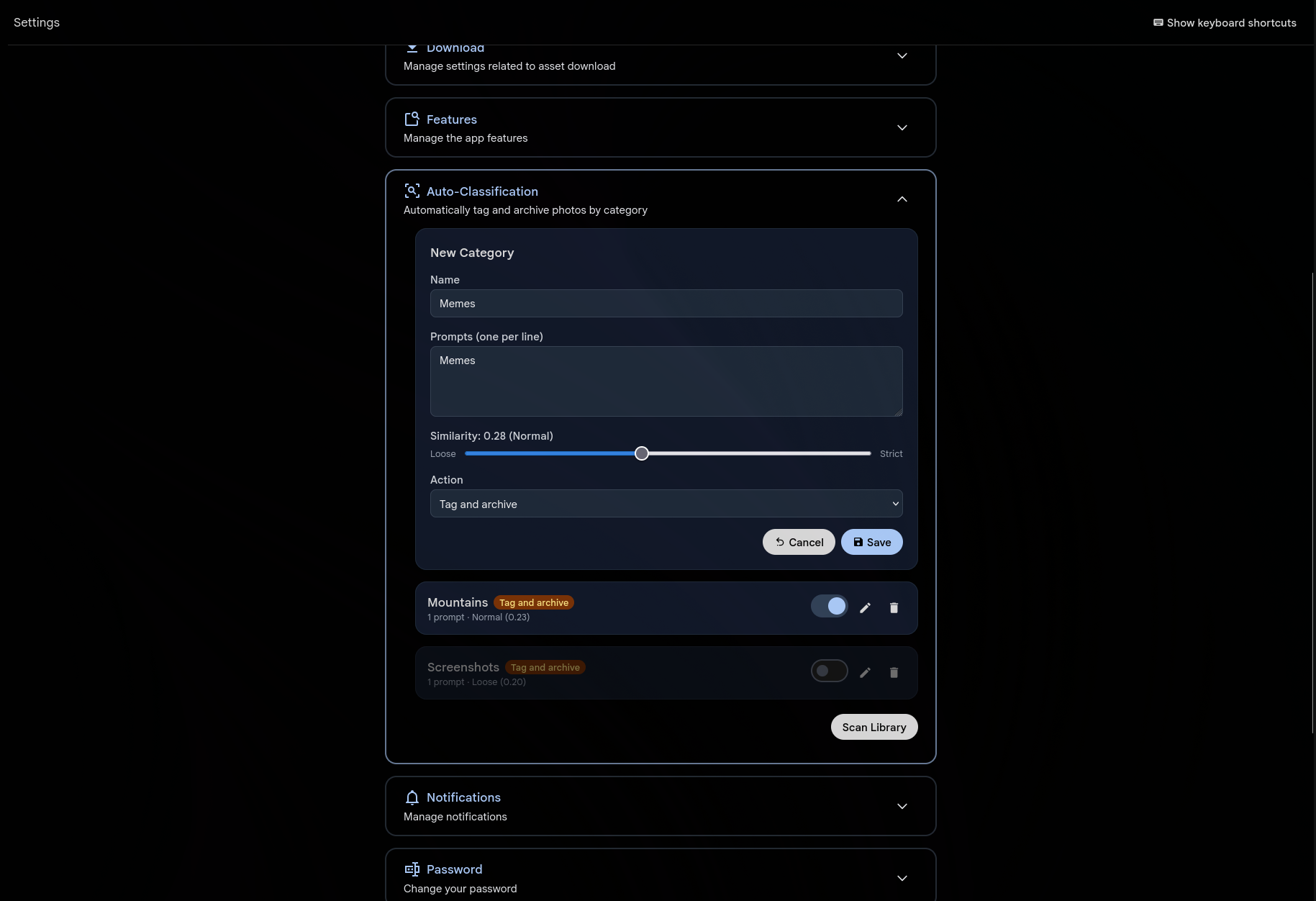 Auto-Classification settings with category creation form