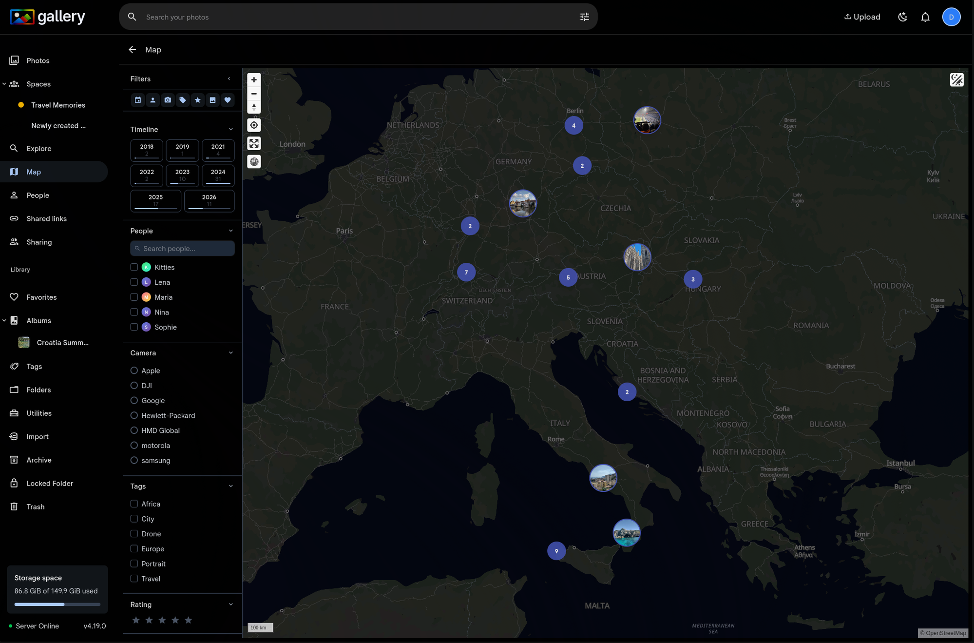 Map view with filter panel showing timeline, people, camera, tags, and rating filters alongside clustered photo markers across Europe