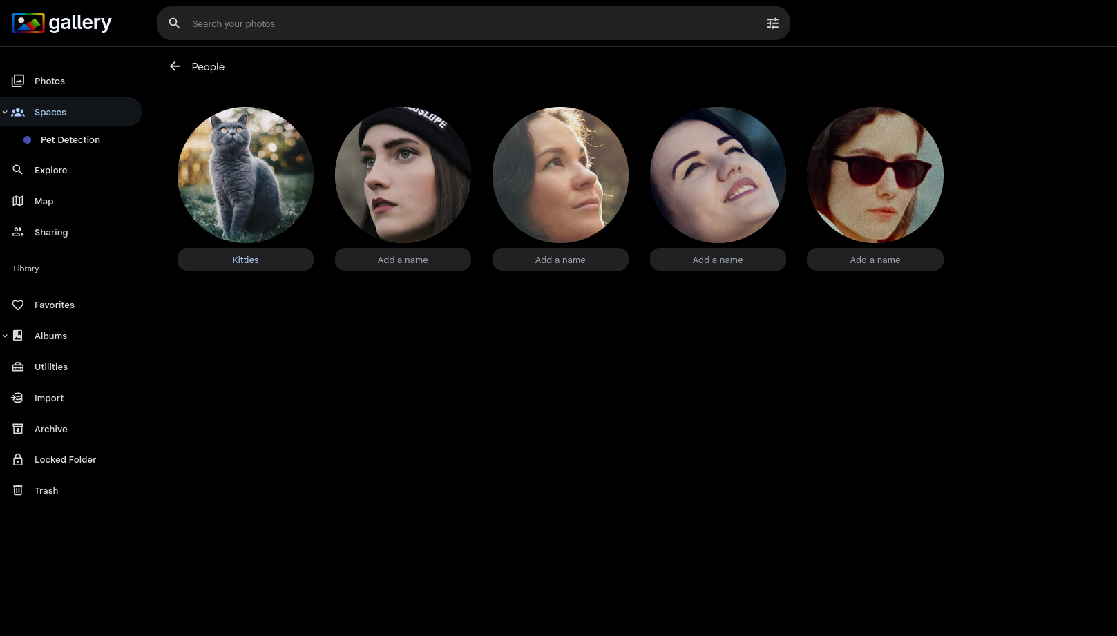 People page showing detected pets alongside human faces