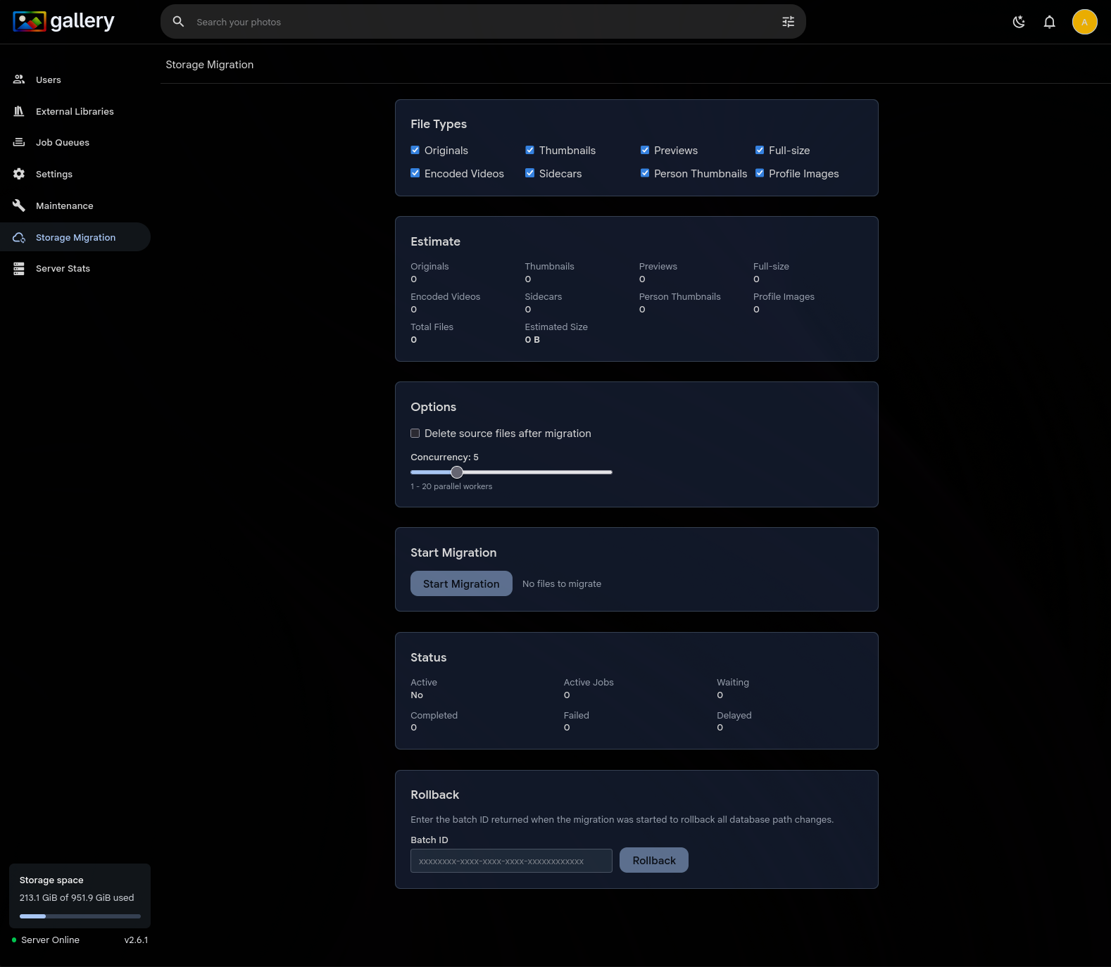 Storage Migration admin page with file type selection and migration controls