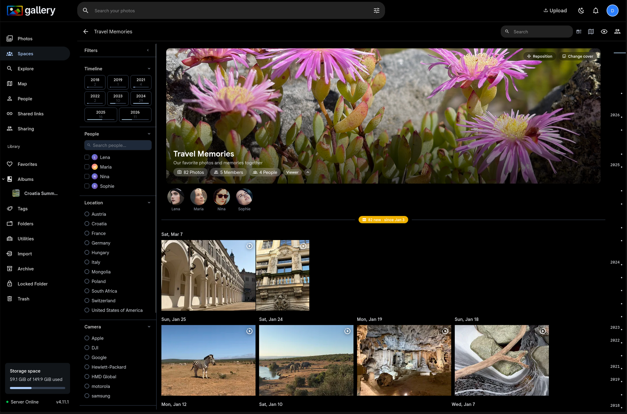 Travel Memories shared space with cover photo, member avatars, filters panel, and photo timeline