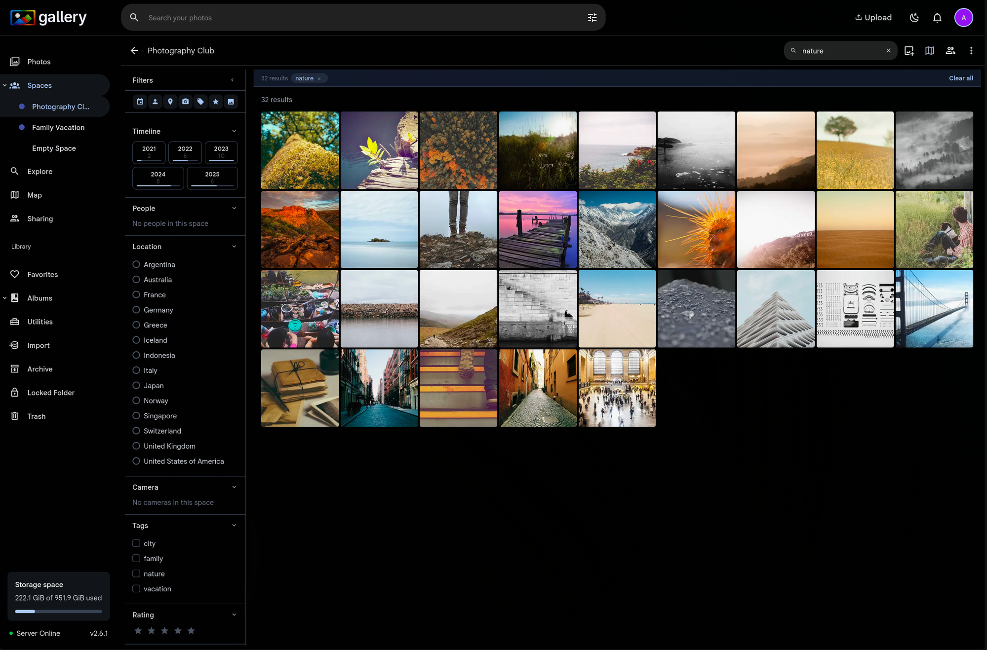 CLIP search for 'nature' in a Space showing 32 results with the filter panel displaying timeline, location, camera, and tag filters