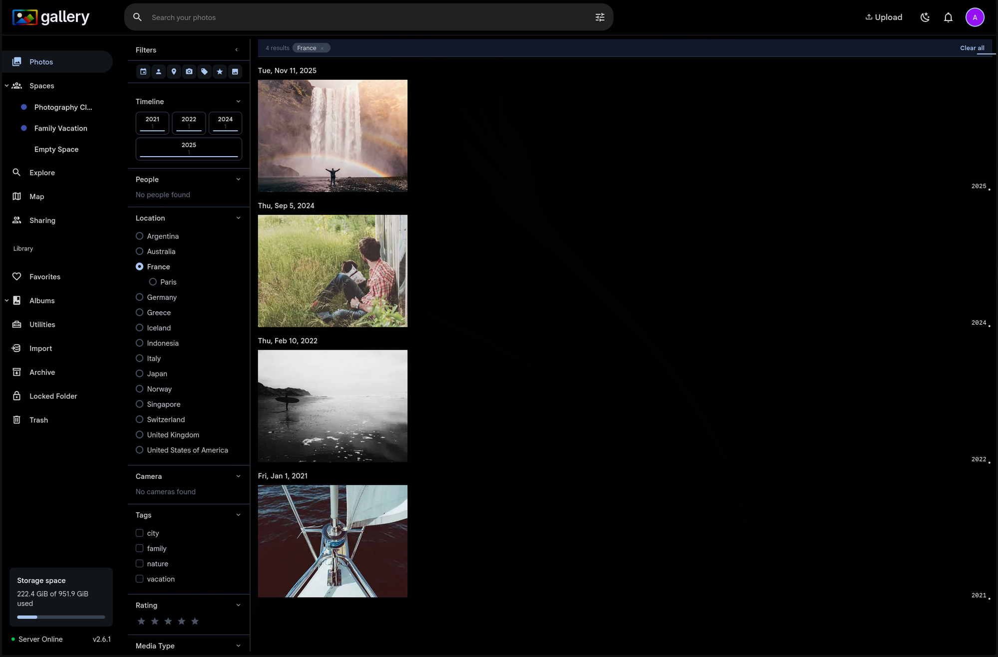 Photos page with filter panel showing France selected, timeline filtered to 4 results across multiple years