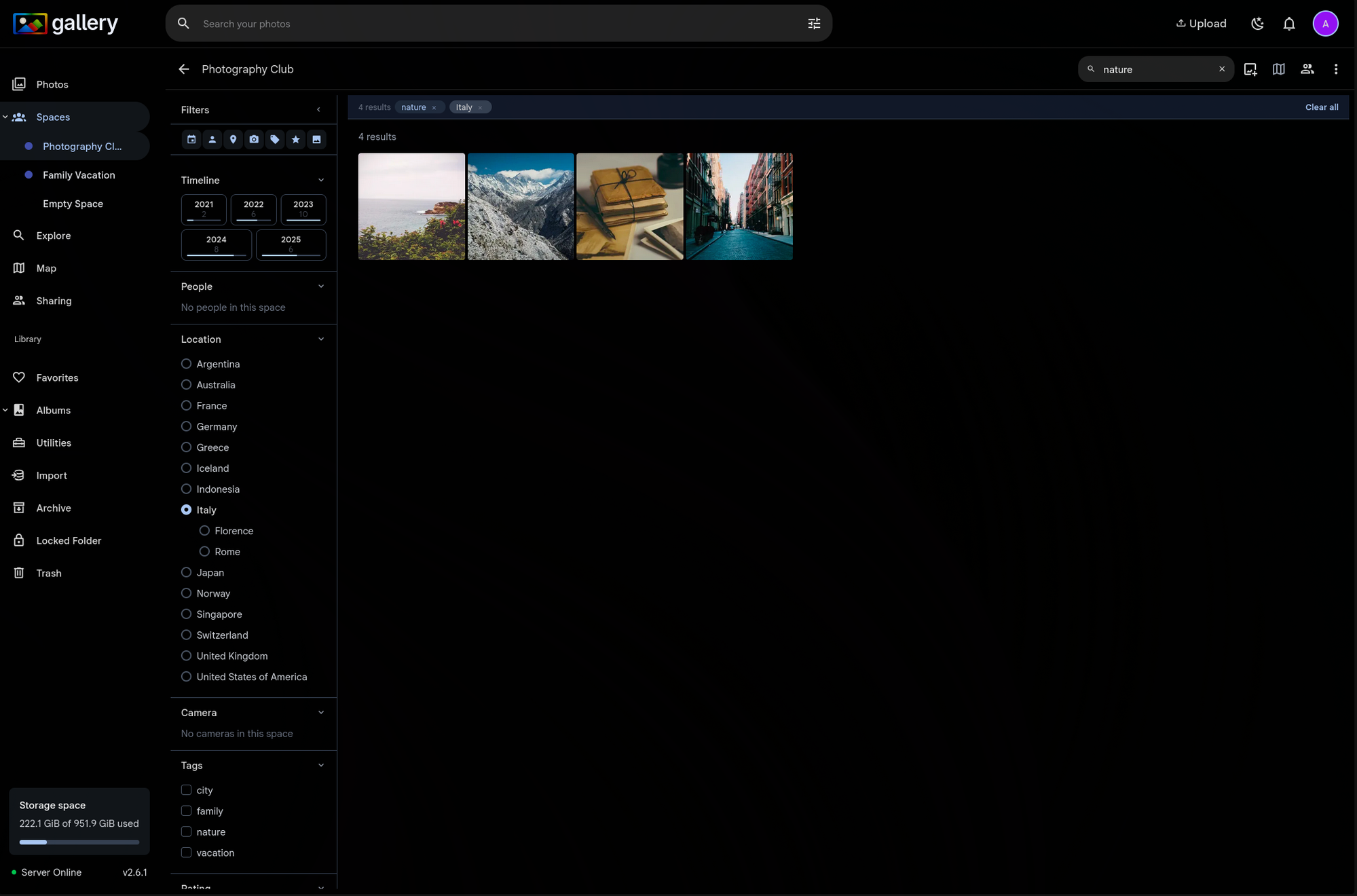 Search for 'nature' combined with Italy location filter showing 4 results, with Italy expanded to show Florence and Rome cities