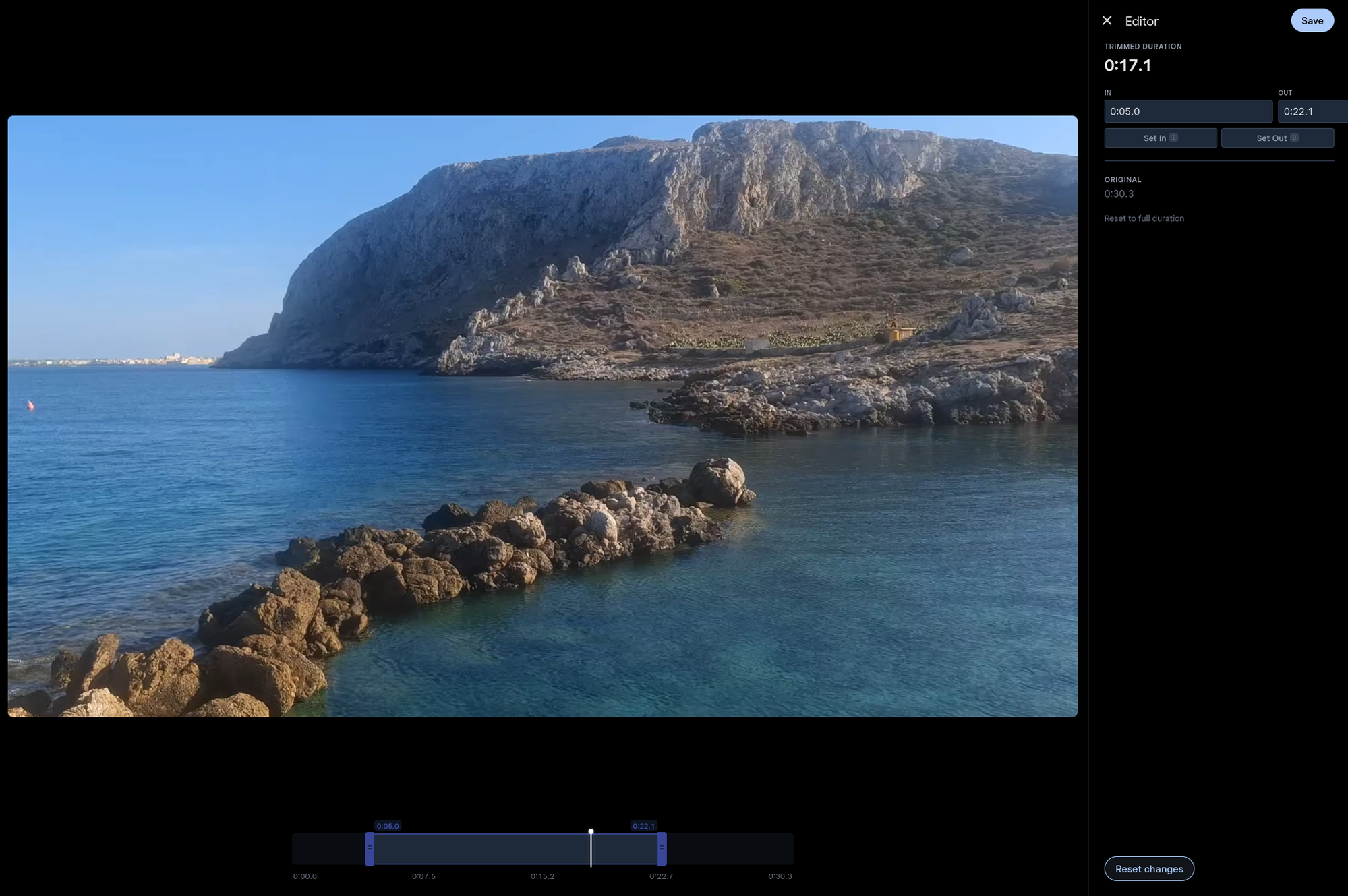 Video trim editor with timeline scrubber showing in/out handles and trimmed duration