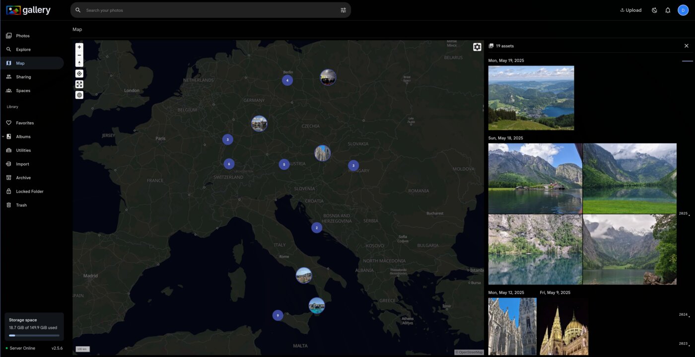 Interactive map view showing photos across Europe